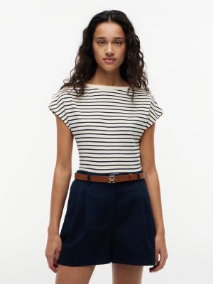 Nautical Gold-Button Boatneck T-Shirt, Calico / Navy Blue Stripe