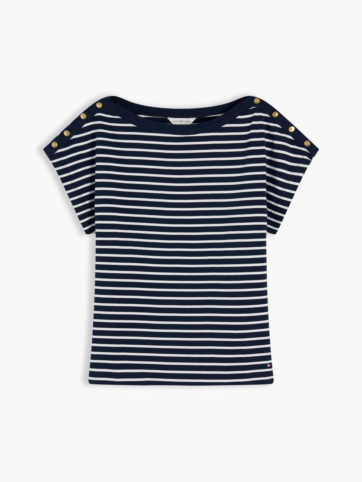 Nautical Gold-Button Boatneck T-Shirt — Calico / Navy Blue Stripe
