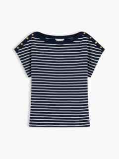 Nautical Gold-Button Boatneck T-Shirt — Calico / Navy Blue Stripe 5