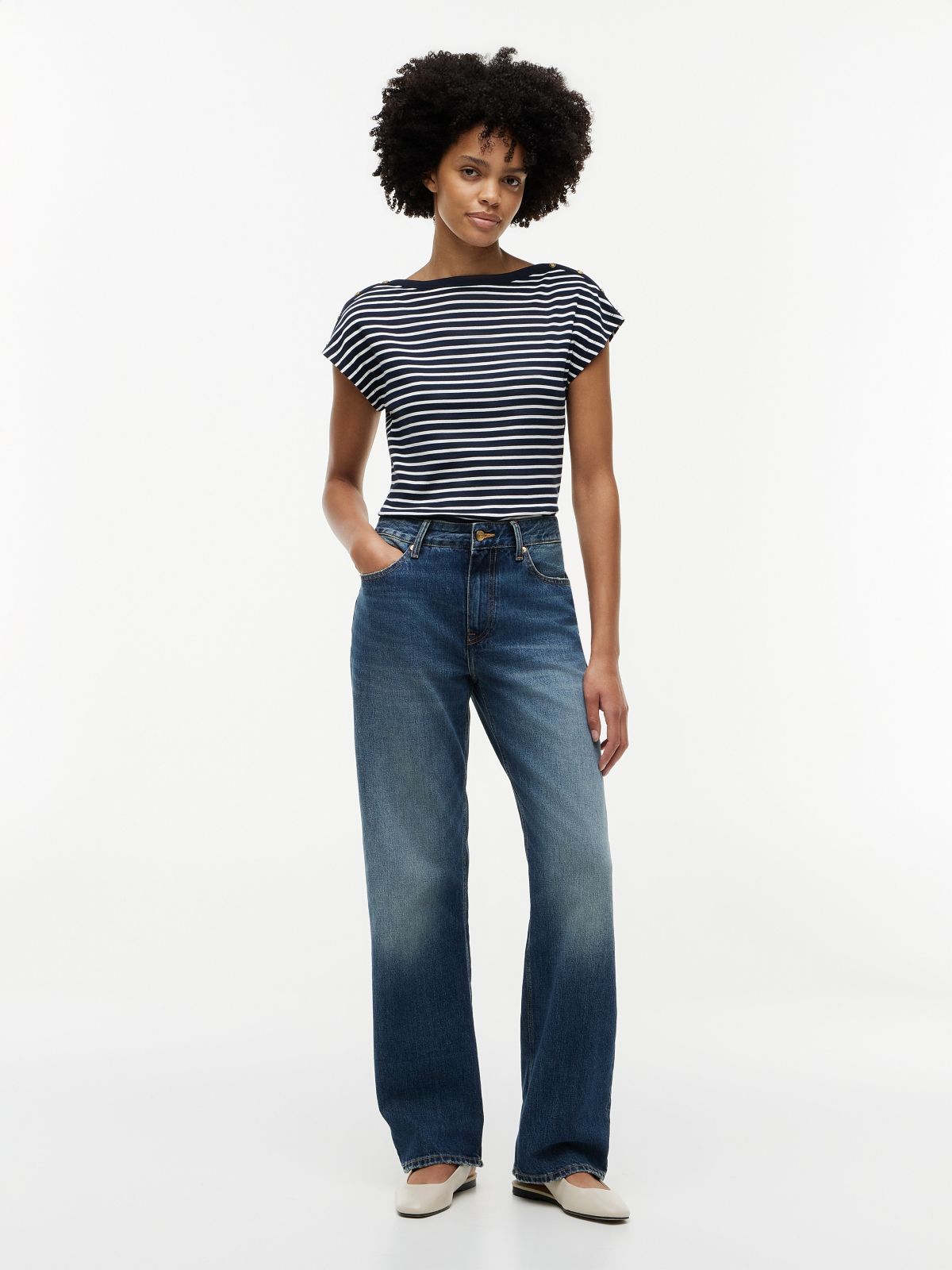 Nautical Gold-Button Boatneck T-Shirt — Calico / Navy Blue Stripe
