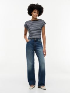 Nautical Gold-Button Boatneck T-Shirt — Calico / Navy Blue Stripe 2