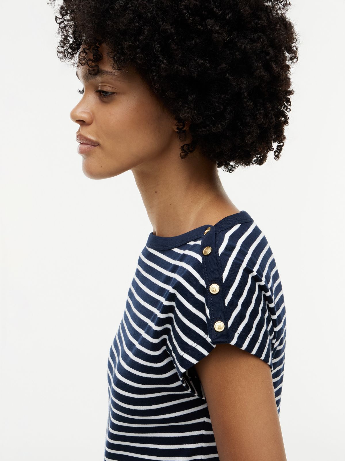 Nautical Gold-Button Boatneck T-Shirt — Calico / Navy Blue Stripe