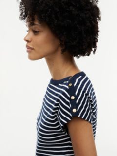 Nautical Gold-Button Boatneck T-Shirt — Calico / Navy Blue Stripe 3