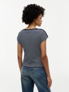 Nautical Gold-Button Boatneck T-Shirt — Calico / Navy Blue Stripe 4