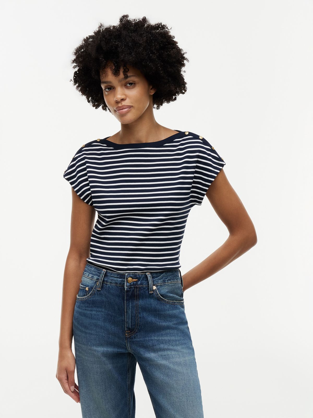 Nautical Gold-Button Boatneck T-Shirt — Calico / Navy Blue Stripe