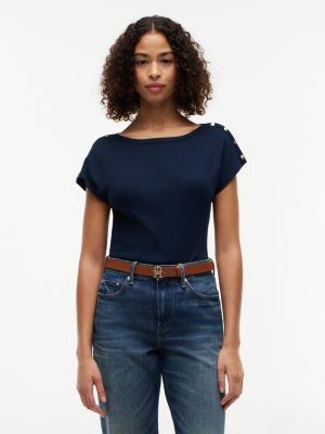Nautical Gold-Button Boatneck T-Shirt, Dark Night Navy