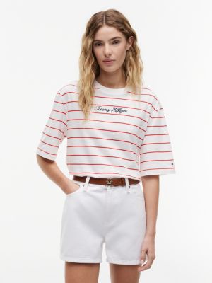 Relaxed Fit Embroidered Script T-Shirt, Fire Red Stripe