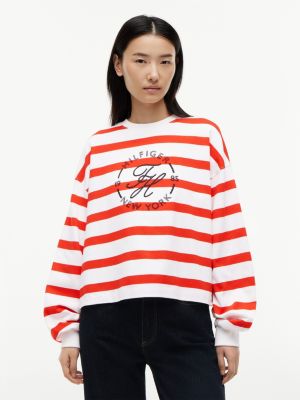 Long-Sleeve Nautical Monogram T-Shirt, Fire Red / Ecru Stripe