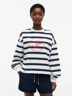 Long-Sleeve Nautical Monogram T-Shirt, Ecru / Navy Blue Stripe