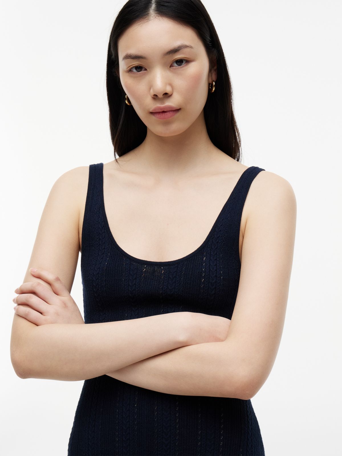Cable Knit Pointelle Midi Tank Dress — Navy