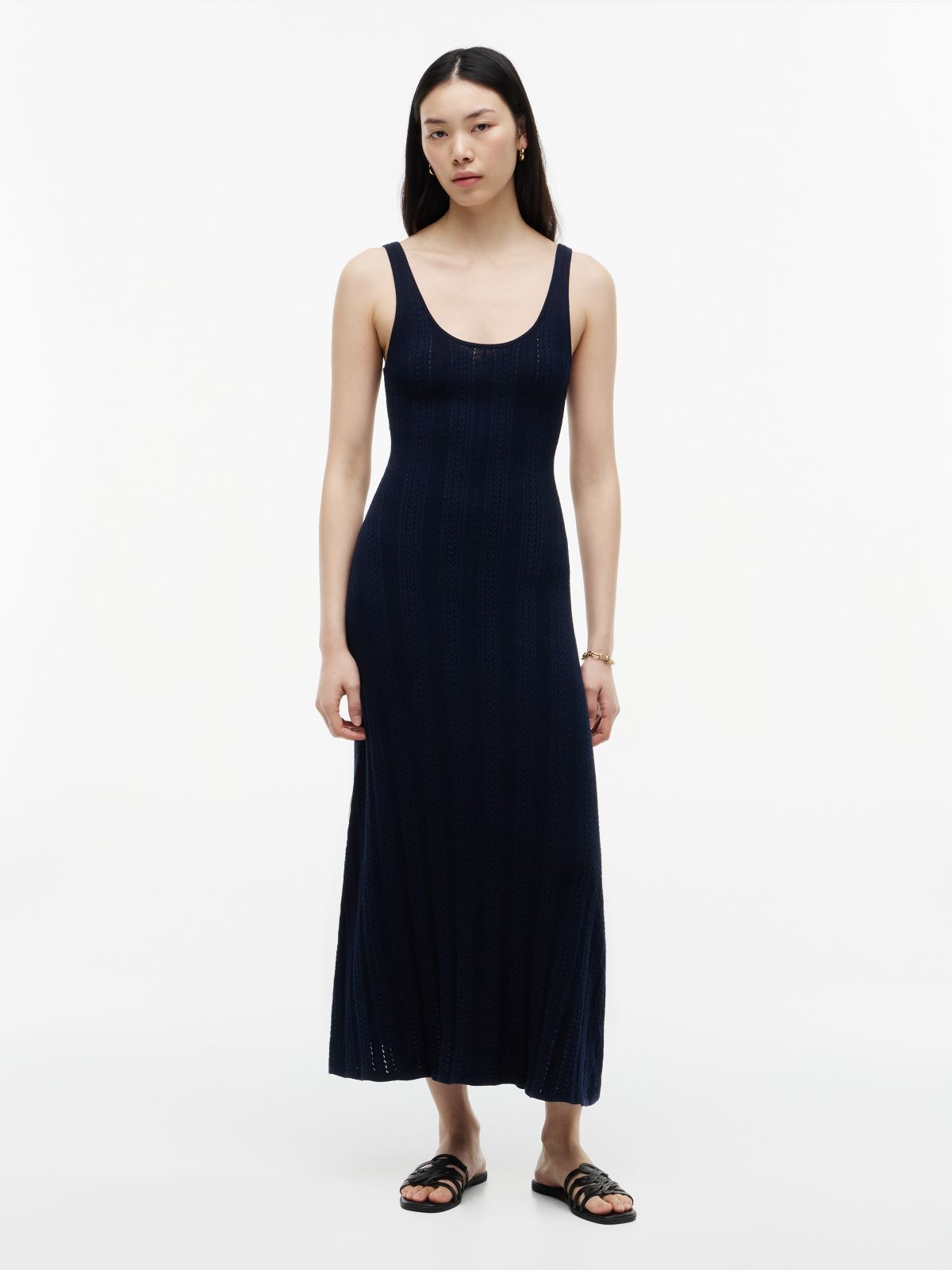 Cable Knit Pointelle Midi Tank Dress — Navy