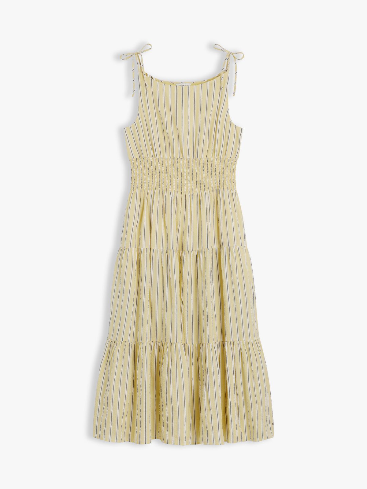 Tiered Seersucker Midi Dress — Stripe Citronella
