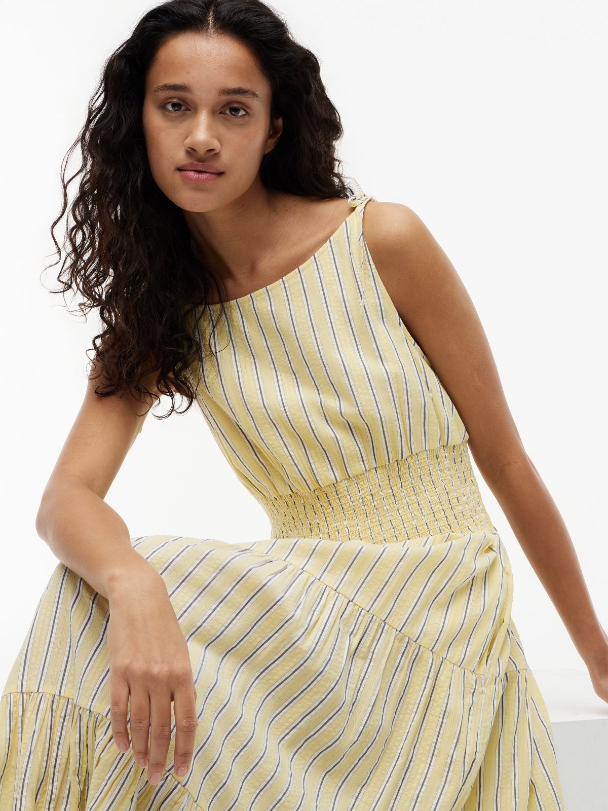 Tiered Seersucker Midi Dress — Stripe Citronella