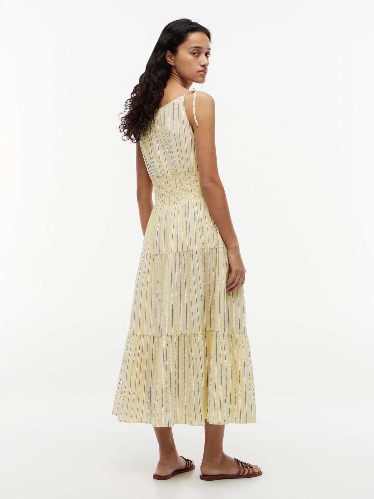 Tiered Seersucker Midi Dress — Stripe Citronella