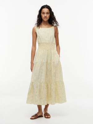 Tiered Seersucker Midi Dress, Stripe Citronella