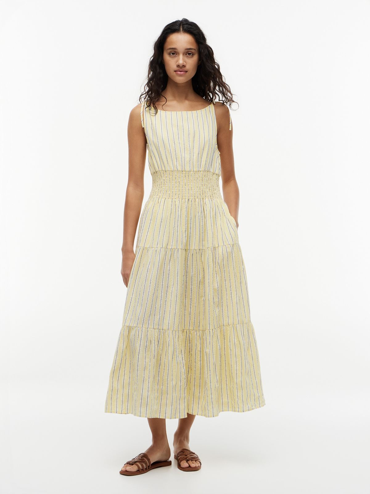 Tiered Seersucker Midi Dress — Stripe Citronella