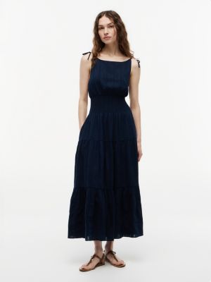Tiered Seersucker Midi Dress, Dark Night Navy