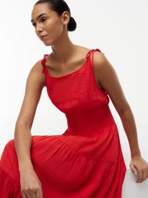 tiered midi dress short sleeve Short Sleeve V-Neck Tiered Midi Dress: BROWN XS
