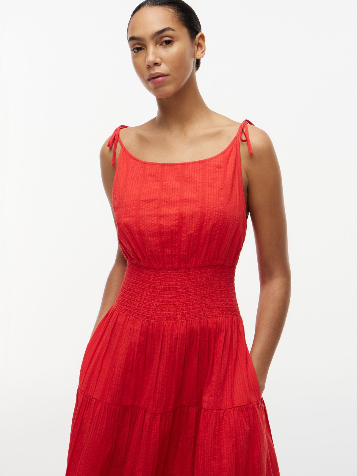 Tiered Seersucker Midi Dress — Fireworks