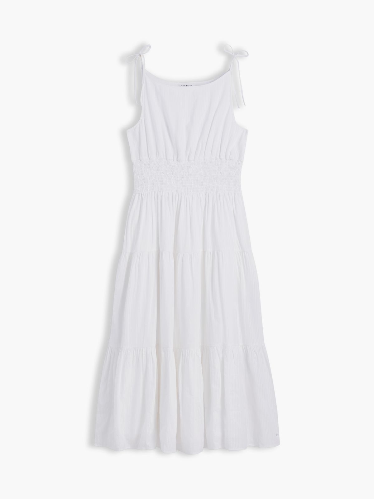 Tiered Seersucker Midi Dress — Ecru