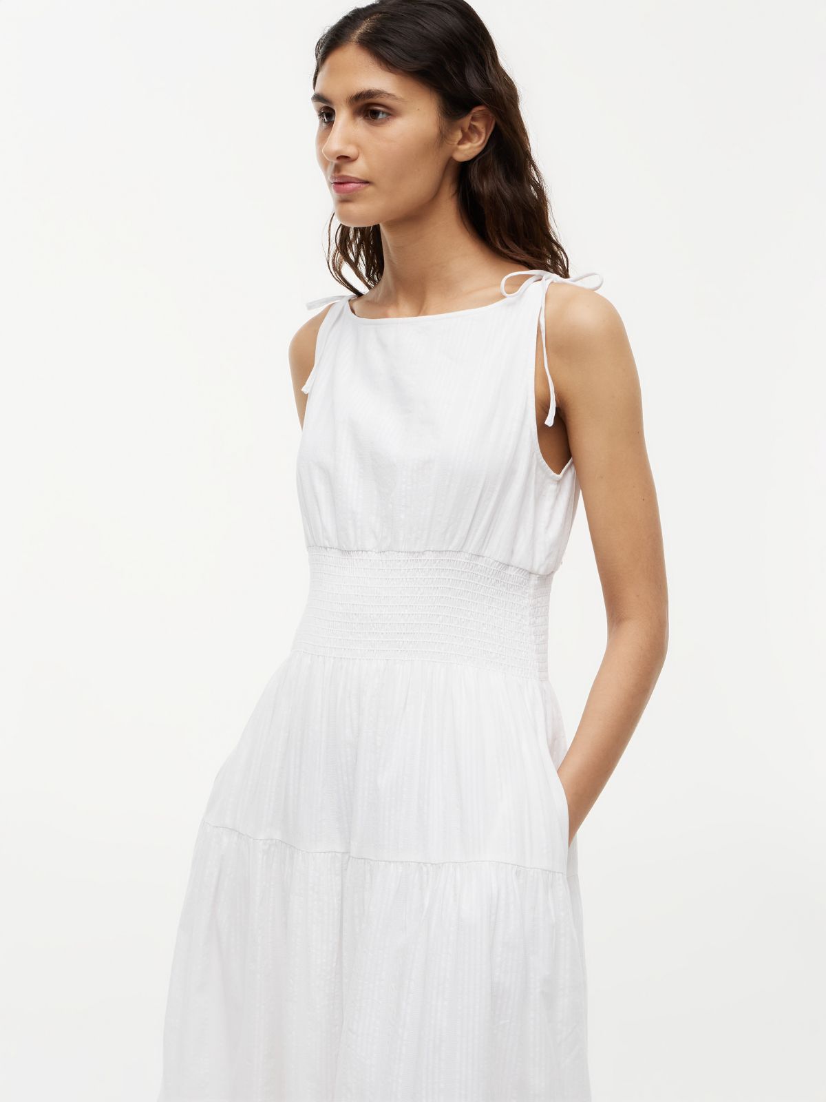 Tiered Seersucker Midi Dress — Ecru