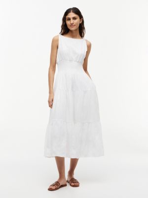 Tiered Seersucker Midi Dress, Ecru
