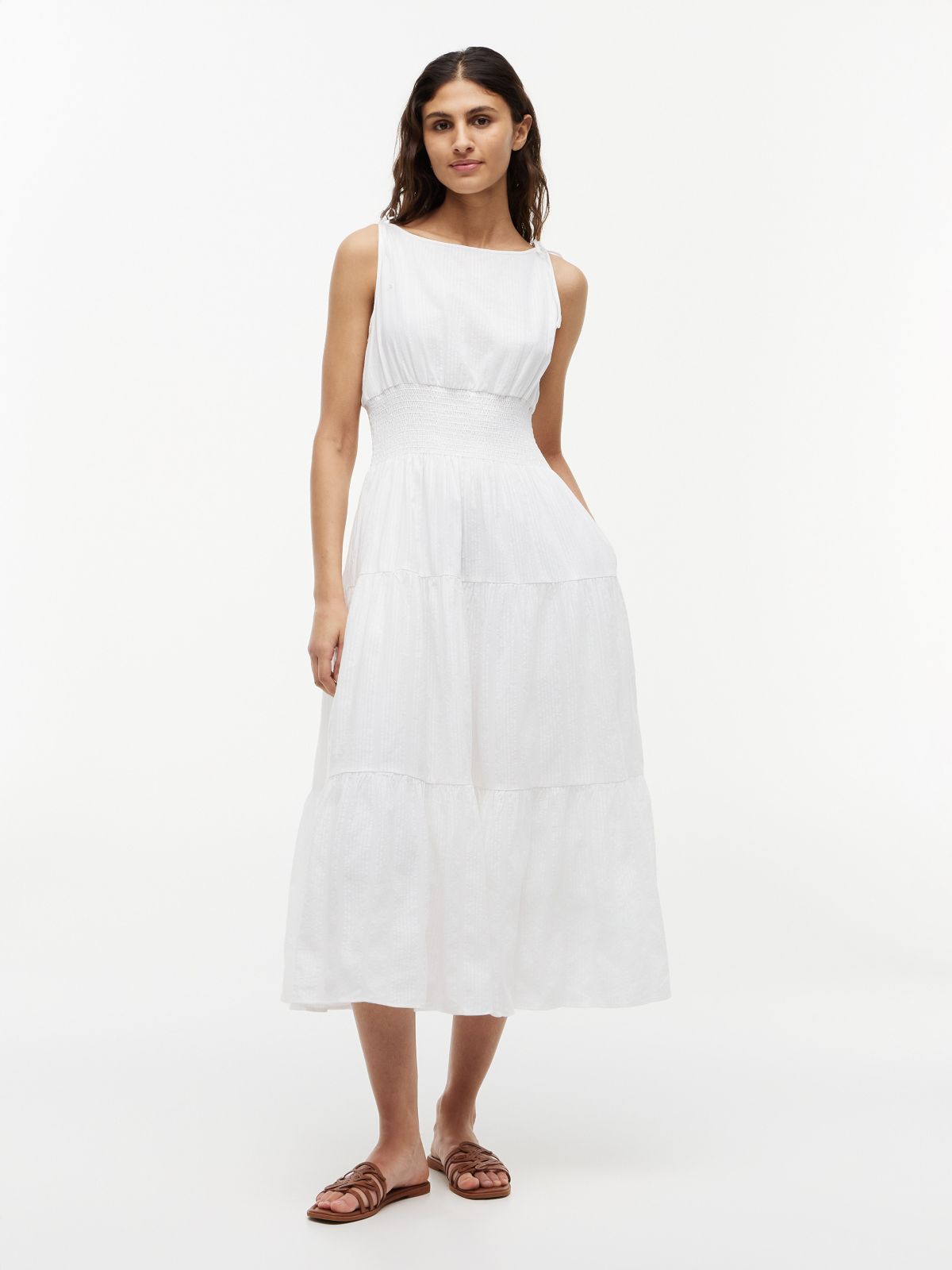 Tiered Seersucker Midi Dress — Ecru