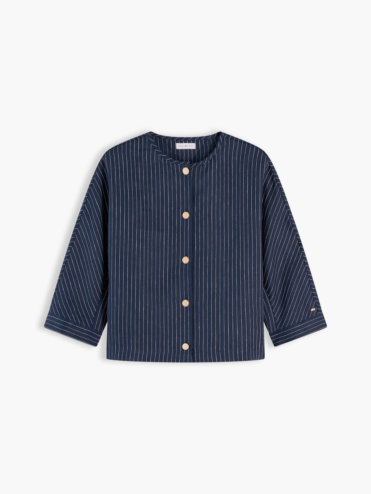 Gold-Button Striped Linen-Blend Blouse — Pinstripe Navy