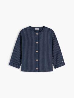 Gold-Button Striped Linen-Blend Blouse — Pinstripe Navy 5
