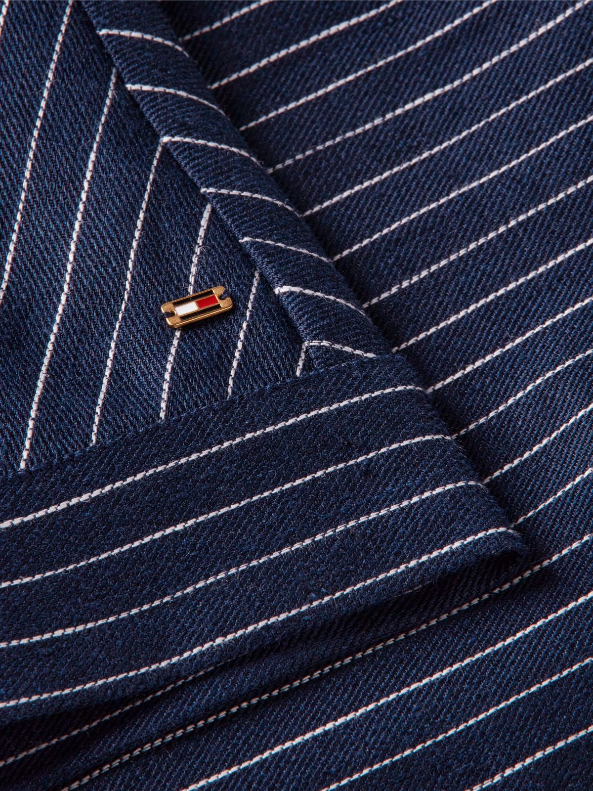Gold-Button Striped Linen-Blend Blouse — Pinstripe Navy