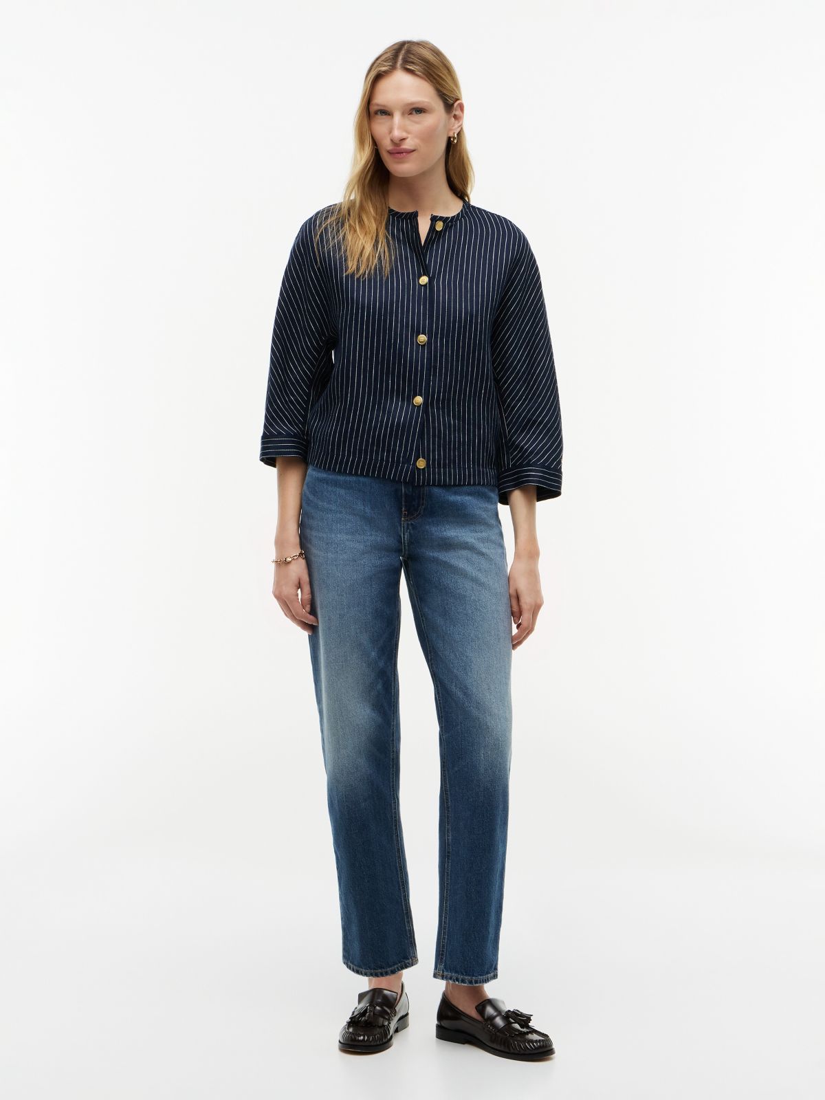 Gold-Button Striped Linen-Blend Blouse — Pinstripe Navy