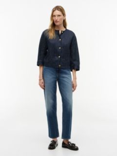 Gold-Button Striped Linen-Blend Blouse — Pinstripe Navy 2