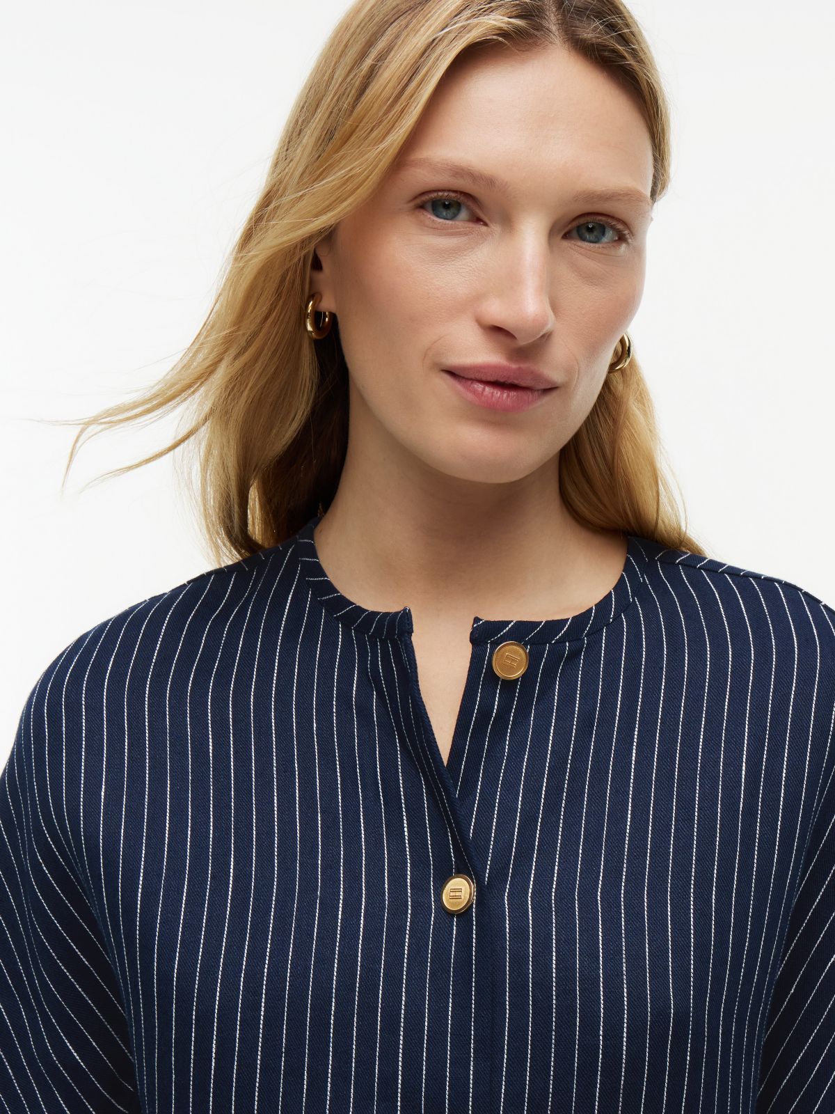 Gold-Button Striped Linen-Blend Blouse — Pinstripe Navy