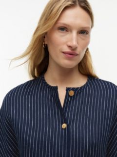 Gold-Button Striped Linen-Blend Blouse — Pinstripe Navy 3