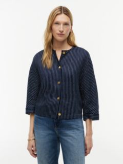 Gold-Button Striped Linen-Blend Blouse — Pinstripe Navy 1