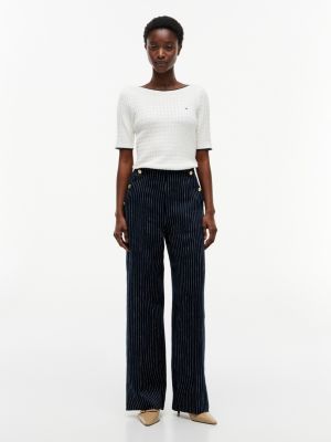 Gold-Button Striped Wide Leg Pant, Pinstripe Navy