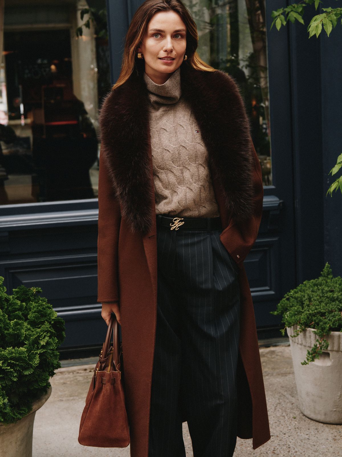 Faux Fur-Trim Wool-Blend Coat — Legacy Brown