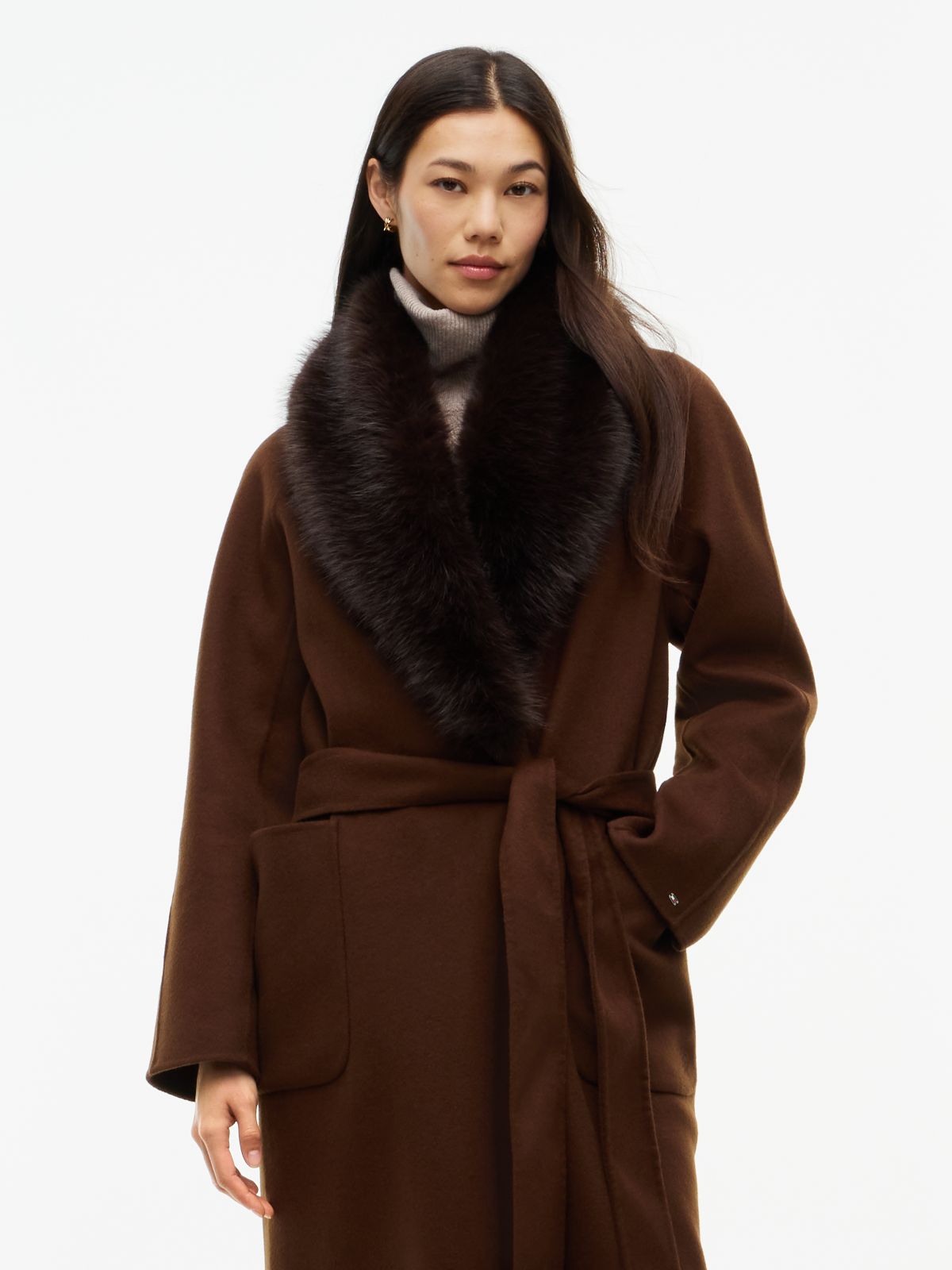 Faux Fur-Trim Wool-Blend Coat — Legacy Brown