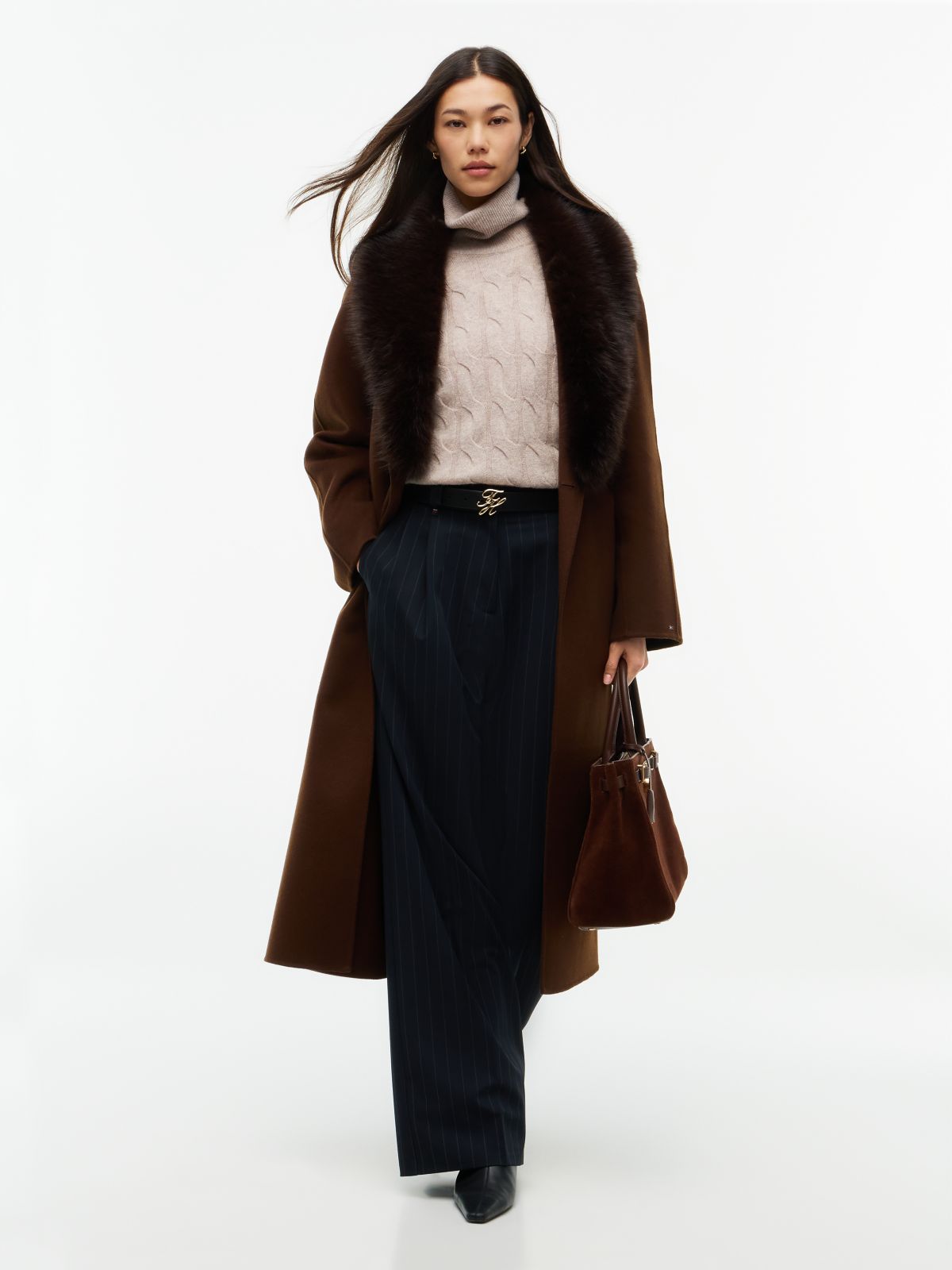 Faux Fur-Trim Wool-Blend Coat — Legacy Brown