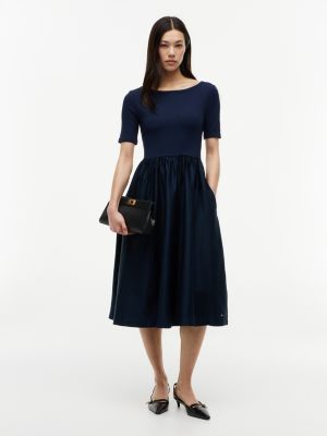 Half-Sleeve Mixed-Media Midi Dress, Dark Night Navy