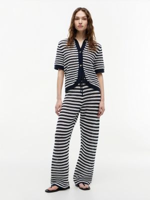 Striped Crochet Pull-On Pant, Navy Blue / Ecru Stripe
