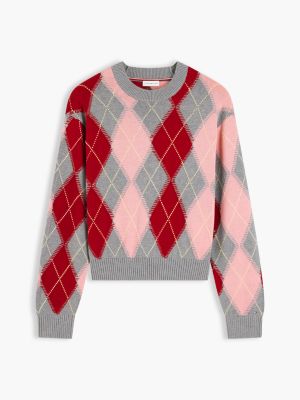 Женский свитер Tommy Hilfiger Relaxed Fit Argyle Crewneck, цвет: Розовый с ромбами — фото 5