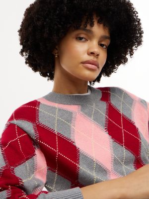 Женский свитер Tommy Hilfiger Relaxed Fit Argyle Crewneck, цвет: Розовый с ромбами — фото 3