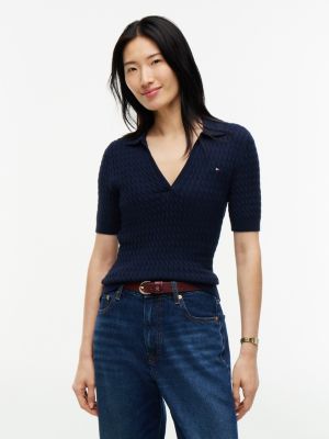 Short-Sleeve Cable Knit Sweater Polo, Dark Blue