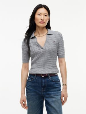 Short-Sleeve Cable Knit Sweater Polo, Medium Grey Heather
