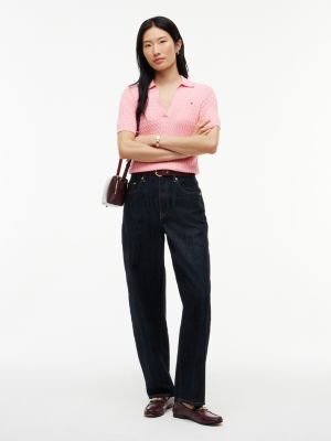 Женские рубашки Tommy Hilfiger Short-Sleeve Cable Knit Sweater Polo, цвет: Розовый — фото 2