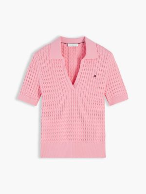 Женские рубашки Tommy Hilfiger Short-Sleeve Cable Knit Sweater Polo, цвет: Розовый — фото 5