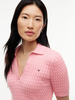 Женские рубашки Tommy Hilfiger Short-Sleeve Cable Knit Sweater Polo, цвет: Розовый — фото 3