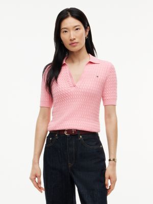 Short-Sleeve Cable Knit Sweater Polo, Carnation Pink