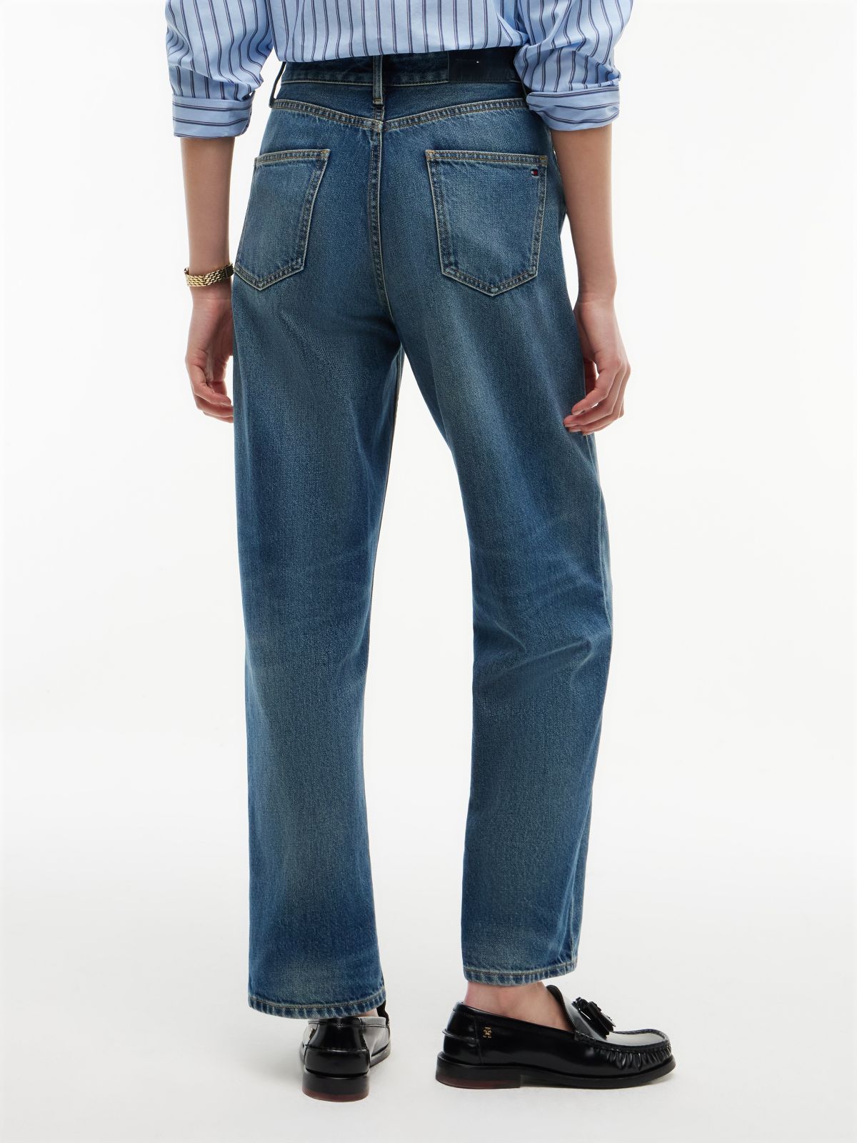 High-Rise Logo Hardware Tapered Jean — Elan